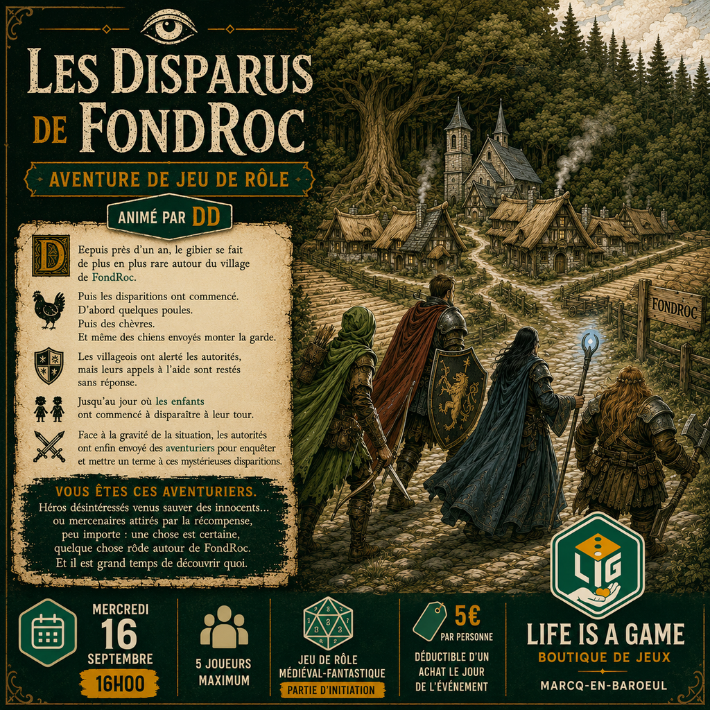 Affiche : Les Disparus de FondRoc - Initiation JDR avec DD