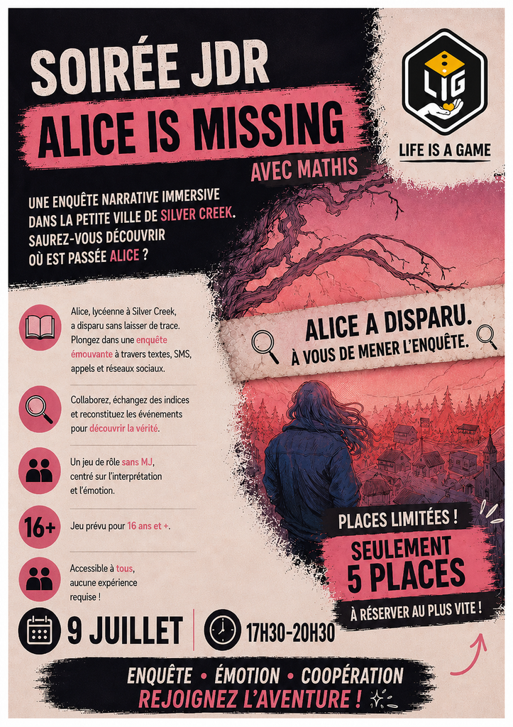 Affiche : soirée JDR Alice is missing