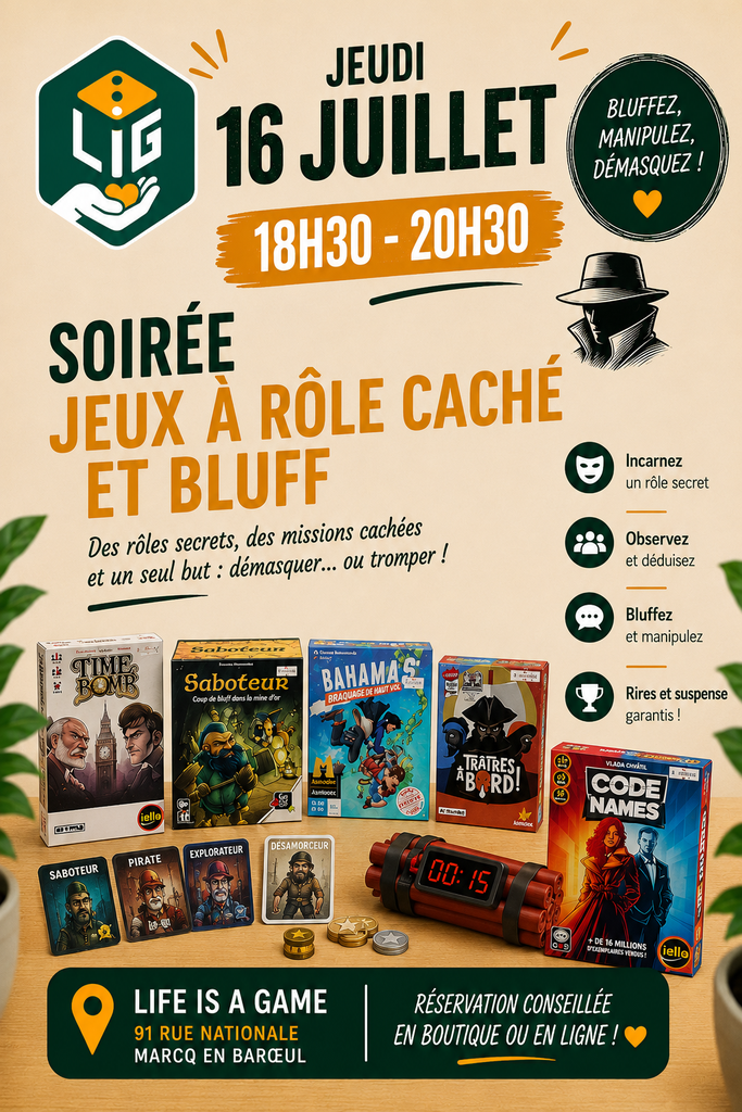 Affiche : Soirée jeux a rôle secret et bluff
